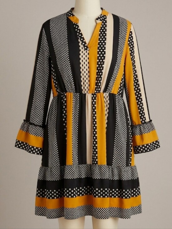 Source Unknown Dresses & Skirts - Plus Size 1X-2X Midi Dress Lightweight Mixture Of Polka Dots & Stripes Fall Hues